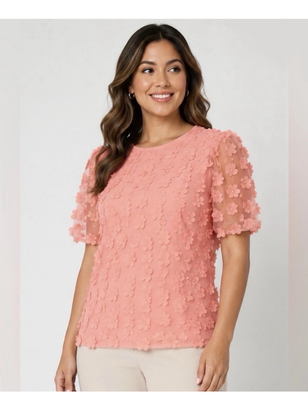 Dennis Basso Knit Top with Floral Mesh Overlay S NEW A726169